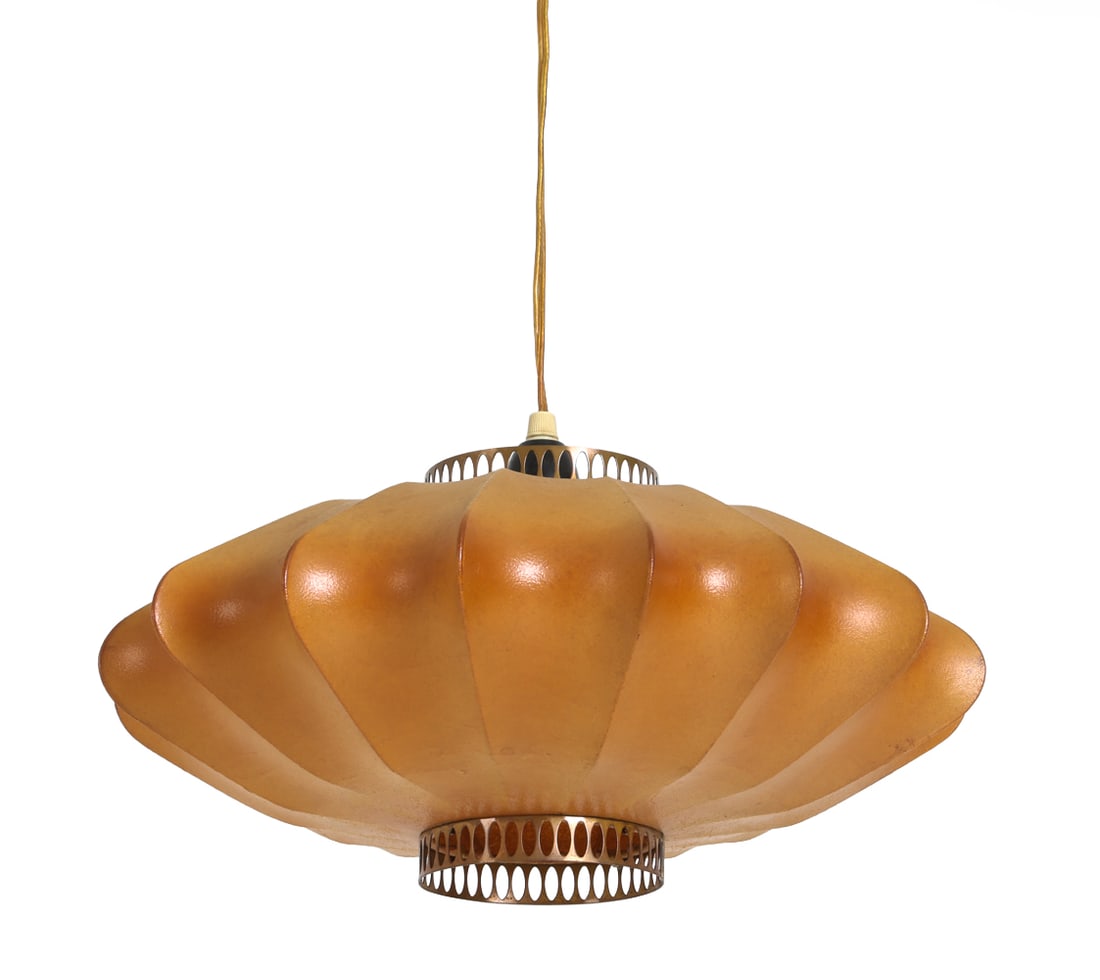 DANISH COCOON PENDANT LIGHT C. 1970S: Dimensions: H 10" x Dia. 17.25". Condition: Wiring untested. Wear consistent with age and use. Sun fading, patina to brass. PT092