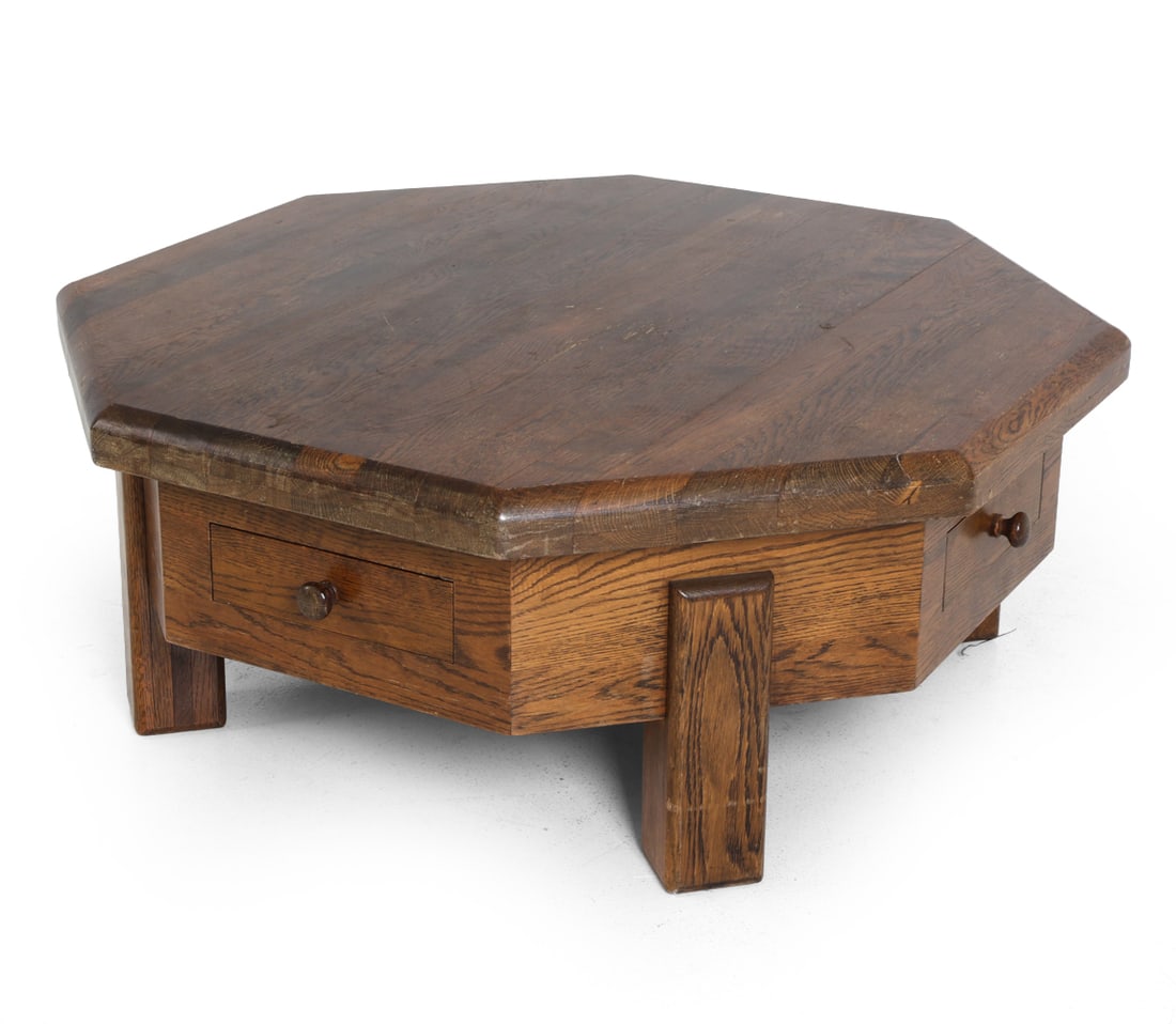 DUTCH BRUTALIST OCTAGONAL OAK COFFEE TABLE 1960S (1 of 15)