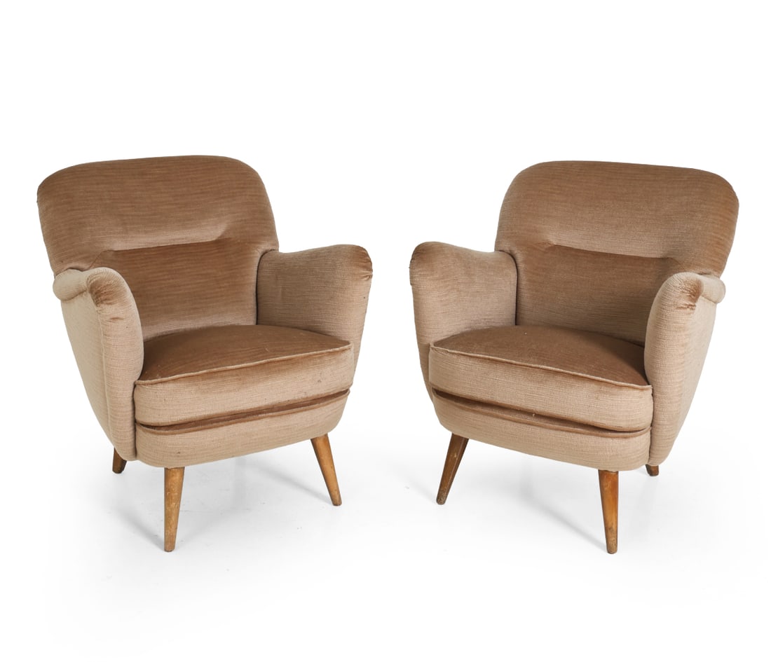 PAIR BERGA MOBLER STYLE DANISH VELOUR EASY CHAIRS: Denmark, circa 1960s. Dimensions: H 34" x W 22" x D 19" SH" 17.25" Condition: Wear consistent with use and age. Scratches on legs. PT072