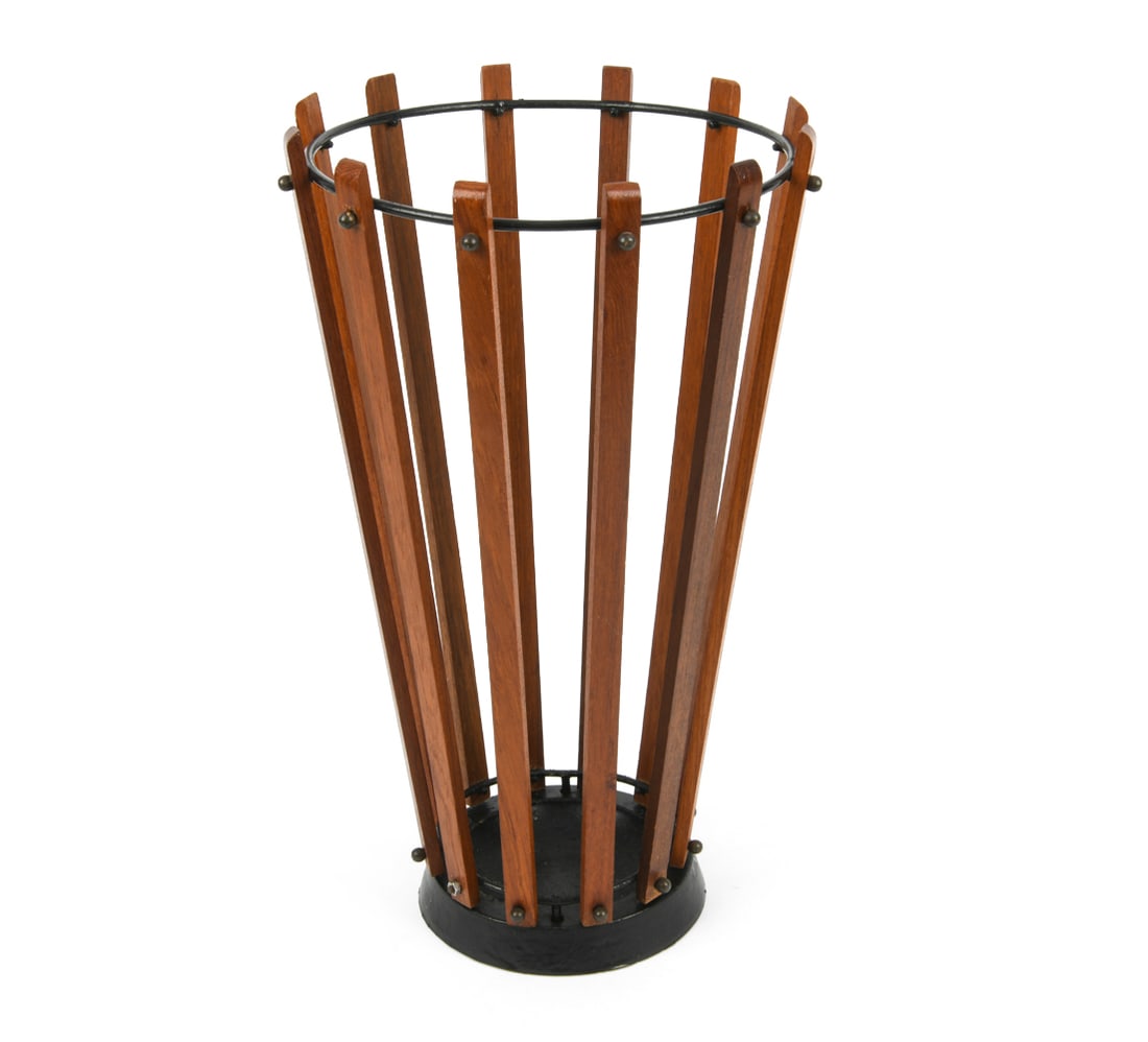 DANISH TEAK UMBRELLA STAND C. 1960S: Dimensions: H 17" x Dia. 10". Condition: Light scuffs and dings. Wear consistent with age and use. PT058