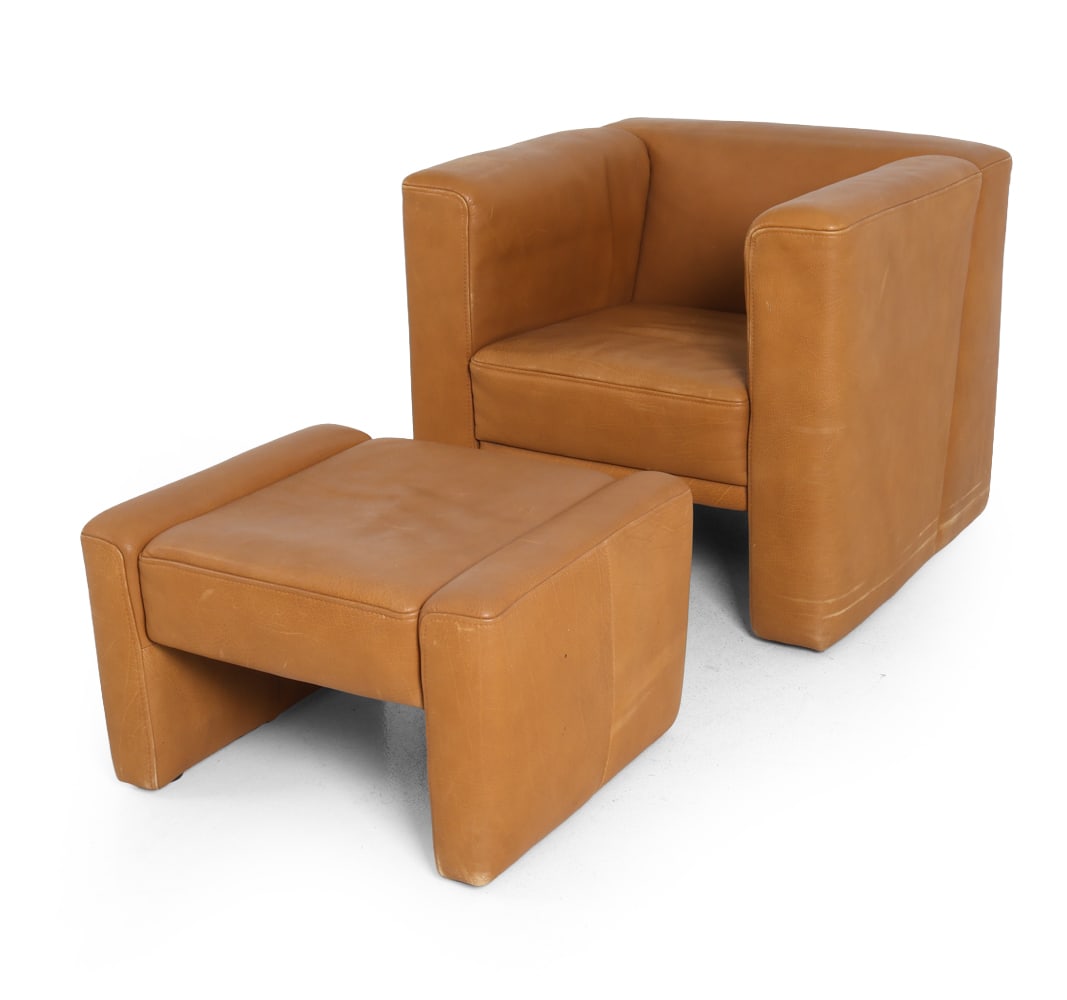 ROLAND MEYER-BRUHL LEATHER LOUNGE CHAIR & OTTOMAN: Designed by Roland Meyer-Bruhl for Bruhl & Sippold. Apparently unmarked. Germany. Dimensions: Chair H 27" x W 20" x D 30" x SH 16". Ottoman H 15" x W 24" x D 20.5". Condition: Scuffs and scratches to 
