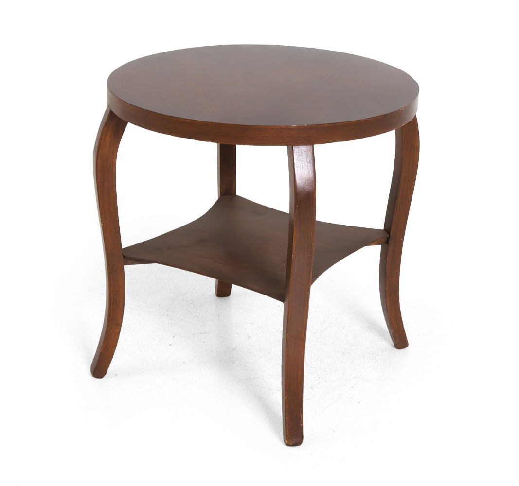 DECO STYLE DUTCH OAK SIDE TABLE C. 1960S: Netherlands, circa 1960s. Dimensions: H 24.5" x Dia 23.5" Condition: Wear consistent with age and use. Some nicks, rubs to legs. PT015