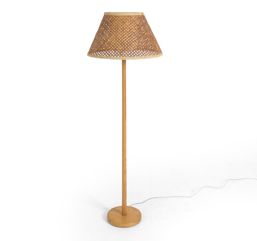 SCANDINAVIAN PINE FLOOR LAMP C. 1970S: Dimensions: H 46" x Dia. 9.5". Condition: Wiring untested, European plug. Tear to inner shade. Scuffs and scratches. Wear consistent with age and use. PT080