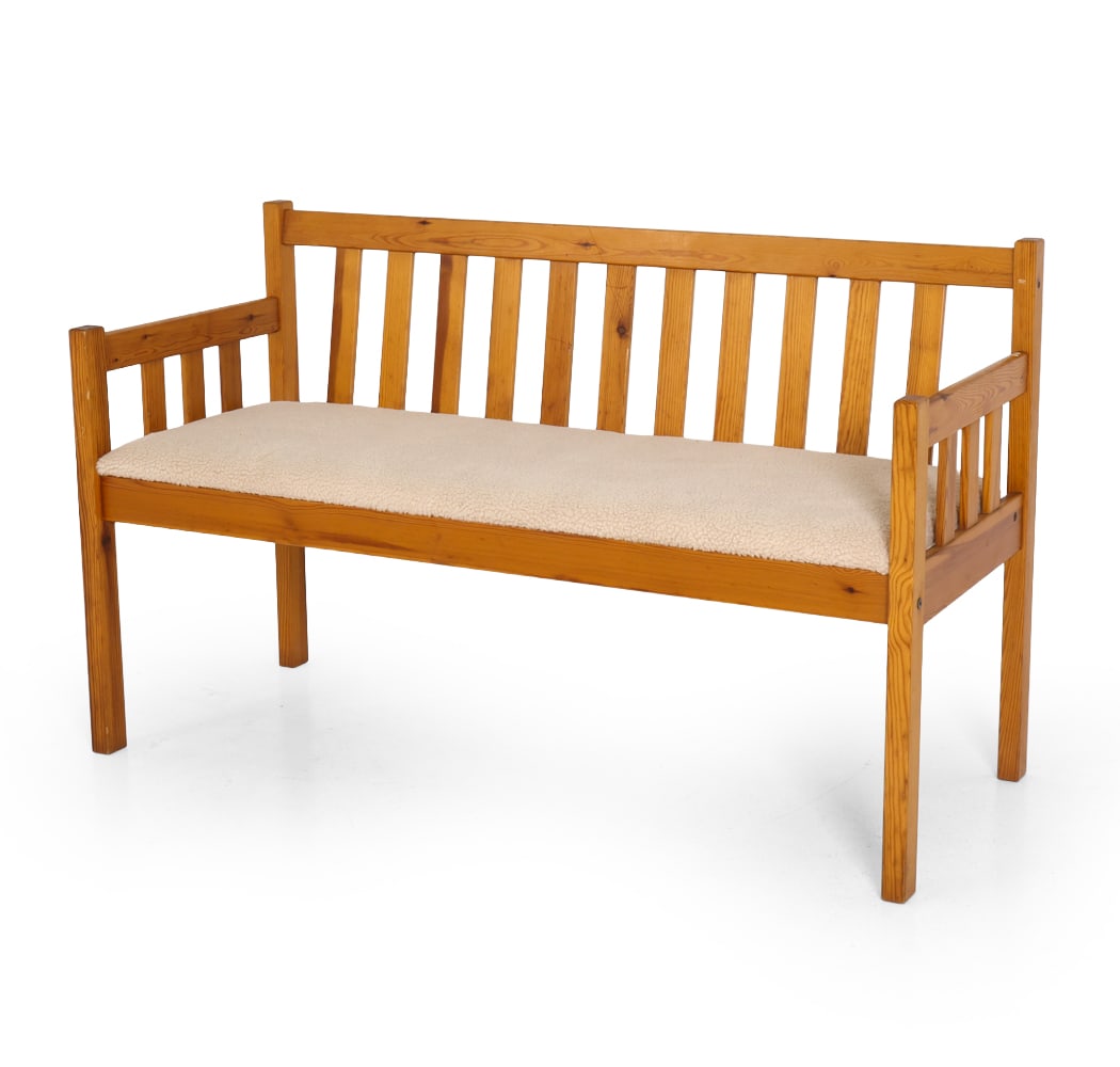SCANDINAVIAN PINE BENCH C. 1970S: Dimensions: H 30.5" x W 50" x D 21" x SH 17.75". Condition: Newly reupholstered. Wear consistent with age and use.