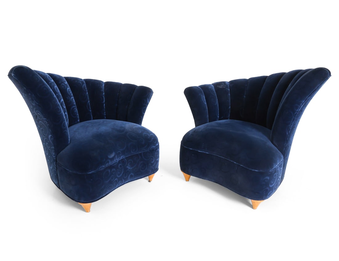 PAIR OF DECO STYLE VELVET FAN BACK LOUNGE CHAIRS: Scandinavian, circa 1950s. Dimensions: H 37" x W 39.5" x D 25" Condition: Recently reupholstered. Scratches to wooden legs. Wear consistent with use and age. PT158