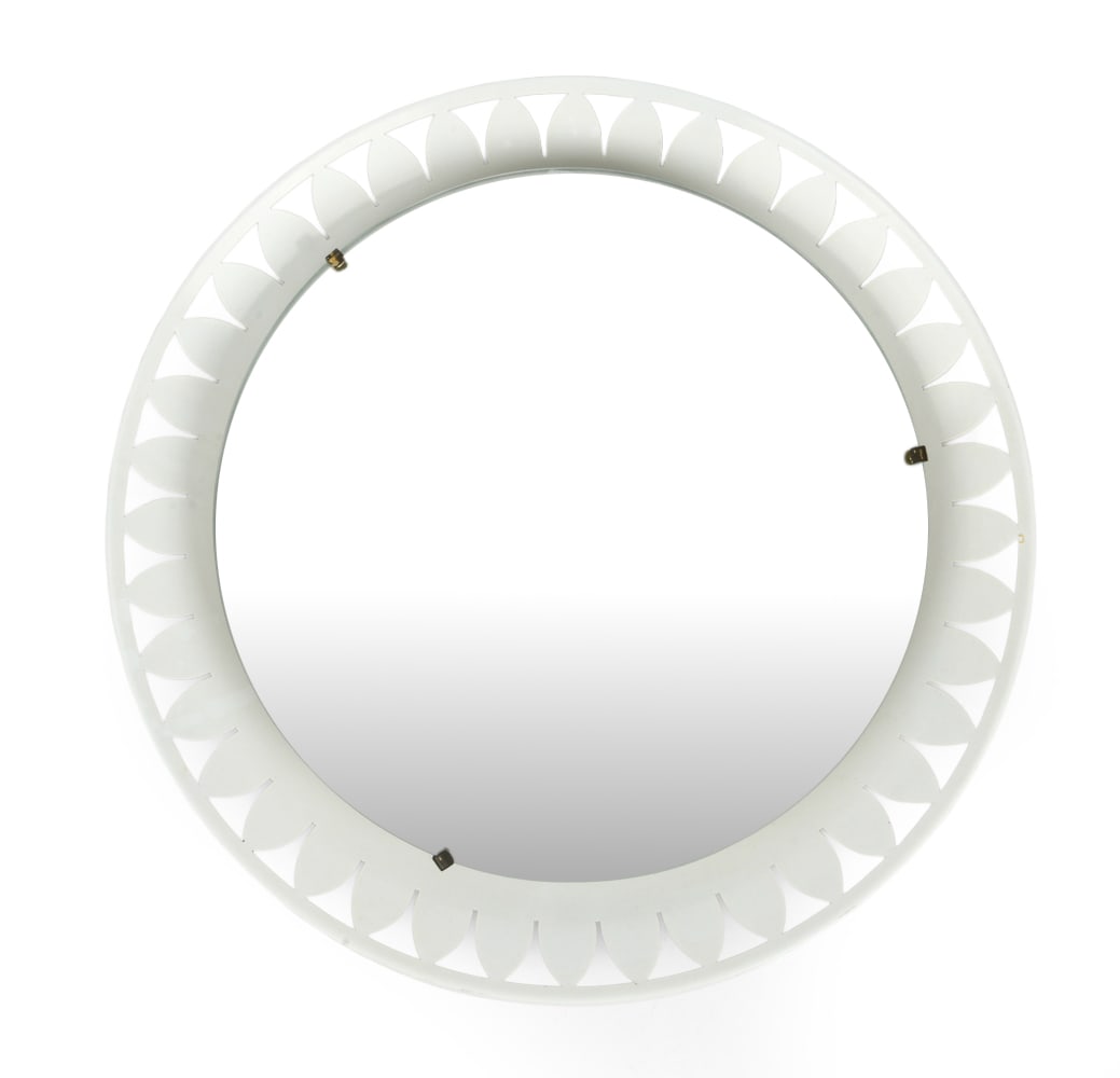 ERNEST IGL HILLEBRAND FLOWER WALL MIRROR C. 1960S: Apparently unmarked. Dimensions: Dia. 19". Condition: Wiring untested. Scuffs to metal, few light scuffs to glass. Wear consistent with age and use. PT081