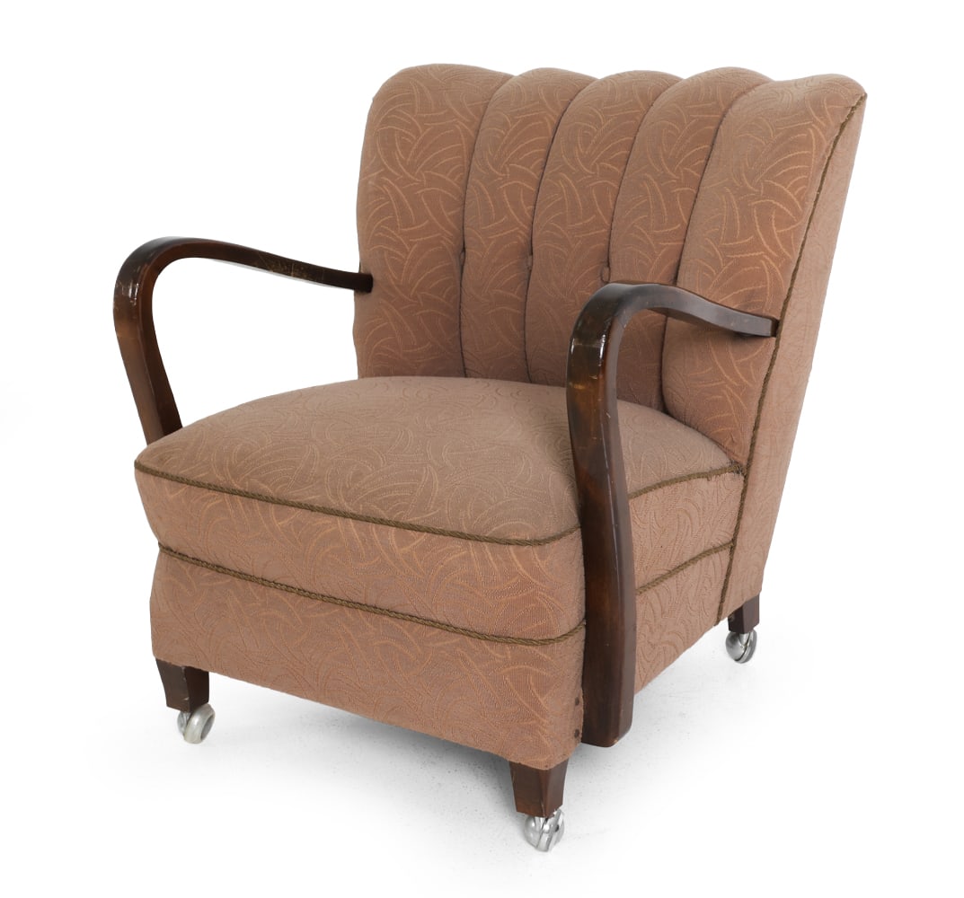 DECO STYLE GERMAN LOUNGE CHAIR C. 1950S: With patterned and corded wool upholstery Dimensions: H 31" x W 28" x D 25" x SH 16.5". Condition: Scratches and dings to legs and arms. Wear consistent with age and use. PT014