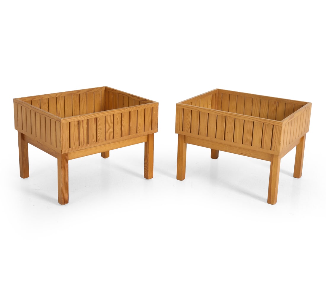 PAIR OF SWEDISH PINE PLANTERS C. 1970S: Dimensions: H 14.75" x W 20" x D 16.25". Condition: Scuffs, dings, and scratches. Wear consistent with age and use. PT153