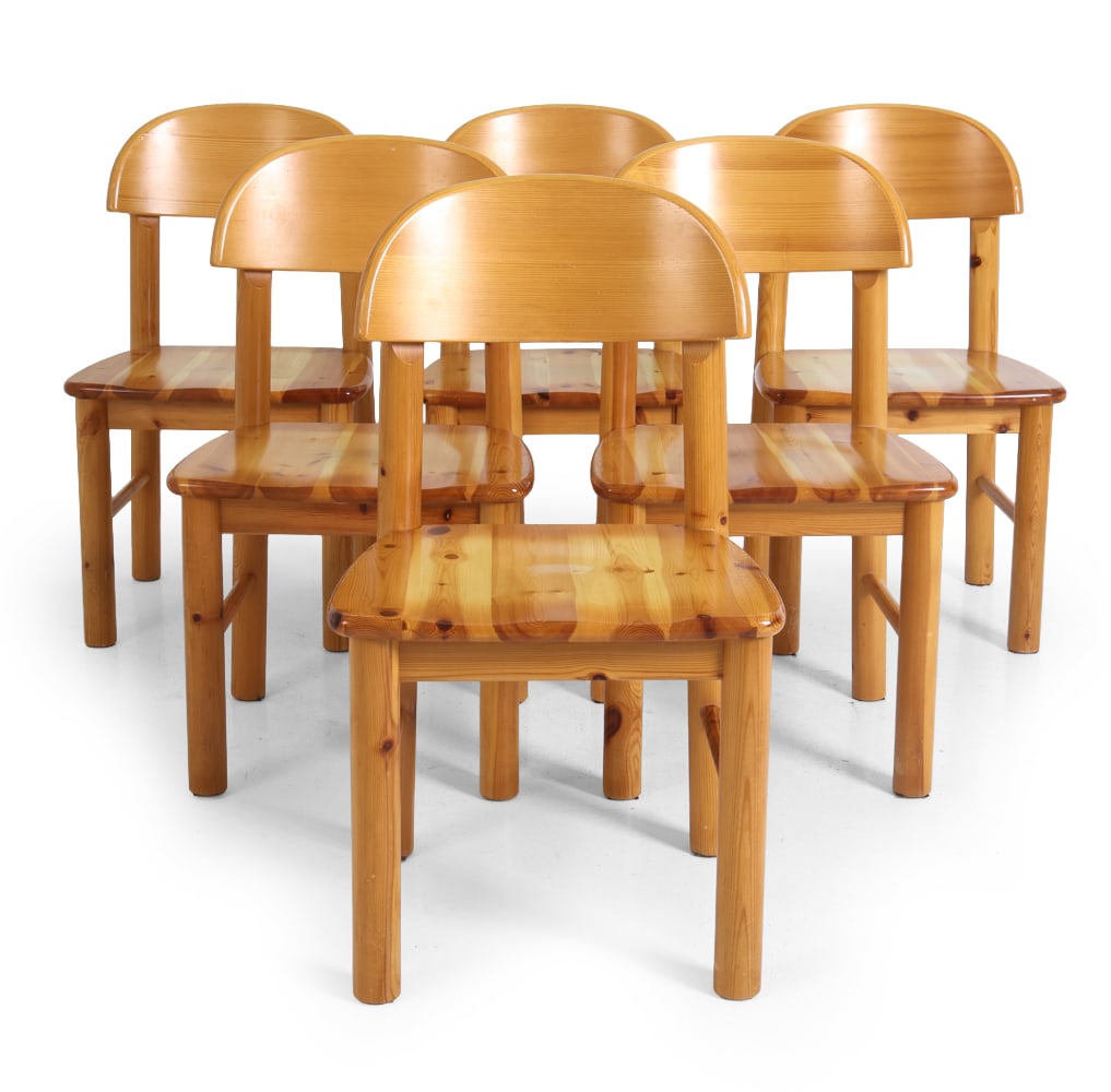 (6) EFFEZETA ITALIAN PINE DINING CHAIRS C. 1970S: Marked underneath. Italy, circa 1970s. Dimensions: H 33.25" x W 18" x D 16" x SH 18.25". Condition: Wear consistent with age and use. Scratches and water spots, mostly on legs. PT011