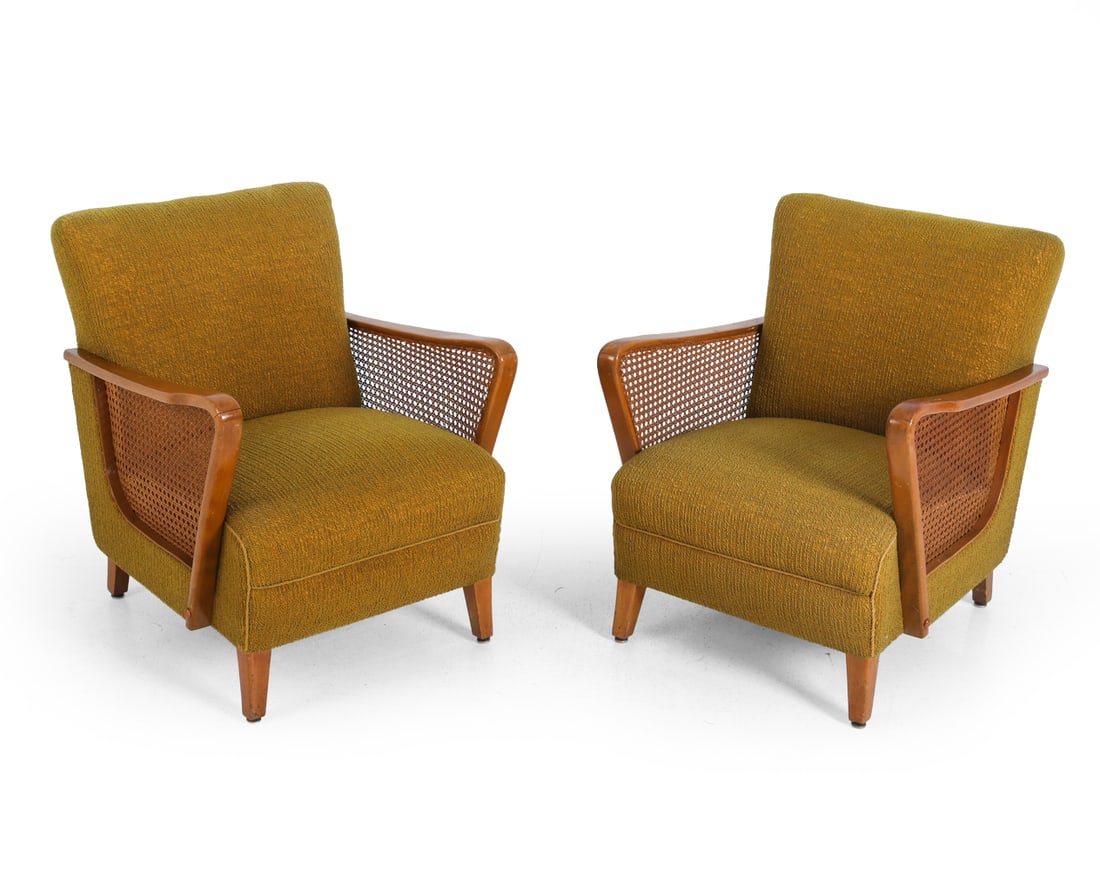 DECO STYLE GERMAN CANE LOUNGE CHAIRS C. 1940S: Dimensions: H 31.5" x W 26" x D 28" x SH 15.5". Condition: Sun fading. Scuffs and rubs to arms with few water spots. Wear consistent with age and use. PT017