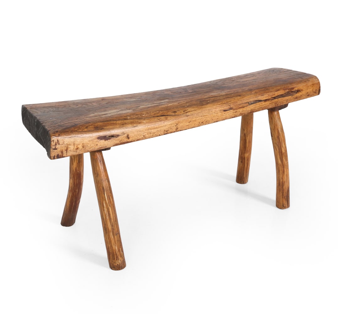 WABI SABI STYLE BRUTALIST OAK BENCH C. 1950S: Dimensions: H 19" x W 42.5" x D 13.5" Condition: Wear consistent with age and use. Water spots and scratches on top surface. PT051