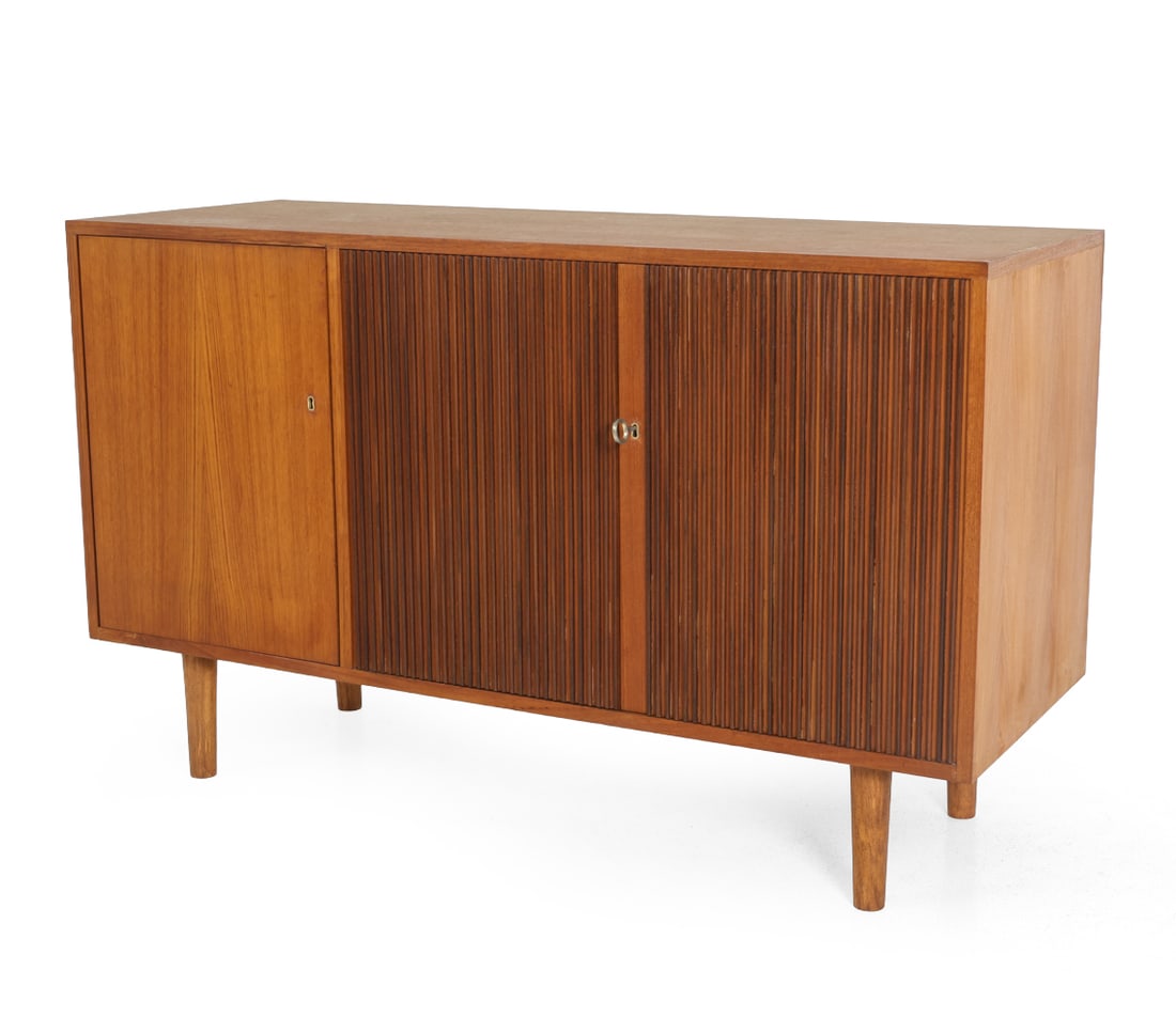 DANISH TEAK CABINET C. 1960S: Key included. Adjustable shelves. Dimensions: H 31.75" x W 52" x D 19". Condition: Few small scuffs and dings. Wear consistent with age and use. PT099