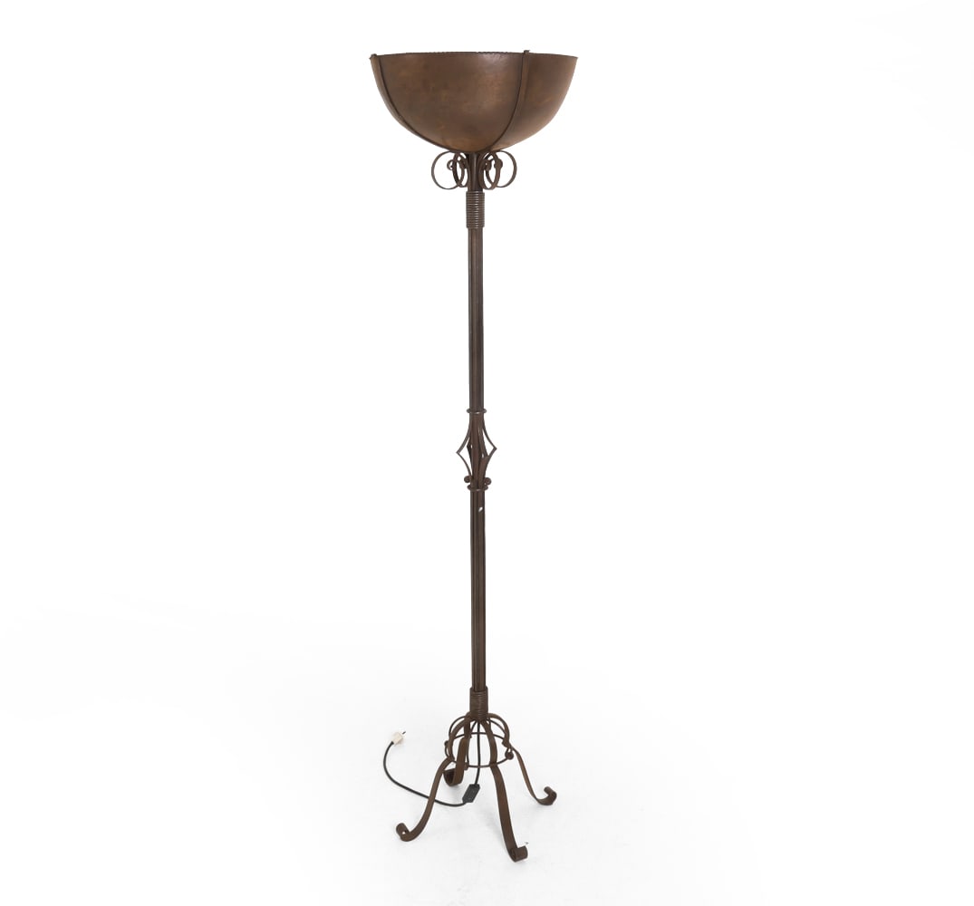 DUTCH ART DECO WROUGHT IRON FLOOR LAMP C. 1920S: Dimensions: H 71" x Dia. 17". Condition: Wiring untested, European plug. Few faint scuffs. Wear consistent with age and use. PT142