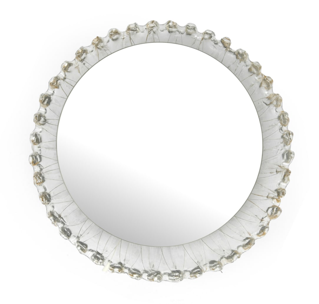 EGON HILLEBRAND ACRYLIC WALL MIRROR C. 1960S: Apparently unmarked. Dimensions: Dia. 19.5" x D 4". Condition: Wiring untested. Scuffs and dings to acrylic edges. Wear consistent with age and use. PT159