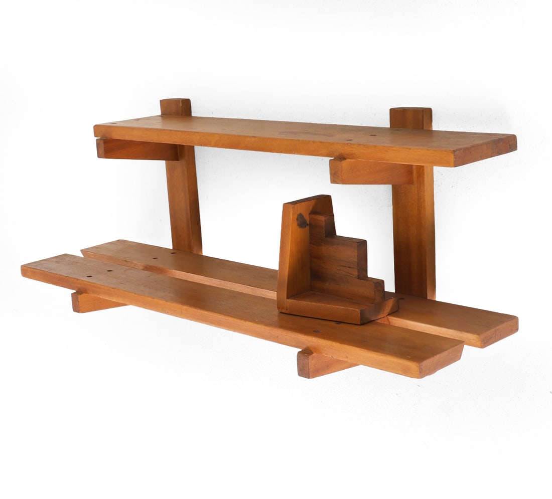 DUTCH ART DECO TEAK WALL SHELF C. 1920S: Sculptural elements. Dimensions: H 16" x W 34.5" x D 9.75". Condition: Fading and discolored areas. Scuffs and dings. Wear consistent with age and use. PT144