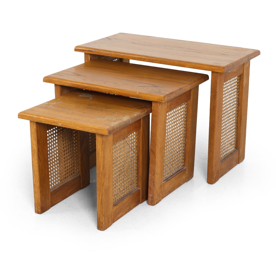 DUTCH OAK & CANE NESTING TABLES C. 1970S (1 of 13)