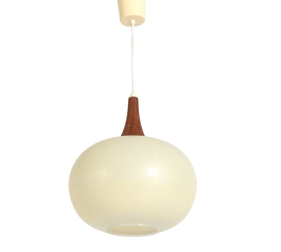 DUTCH TEAK & GLASS GLOBE PENDANT LIGHT C. 1960S: Dimensions: H 12" x Dia. 10.5". Condition: Wiring untested. Light scuffs to glass and wood. Wear consistent with age and use. PT172