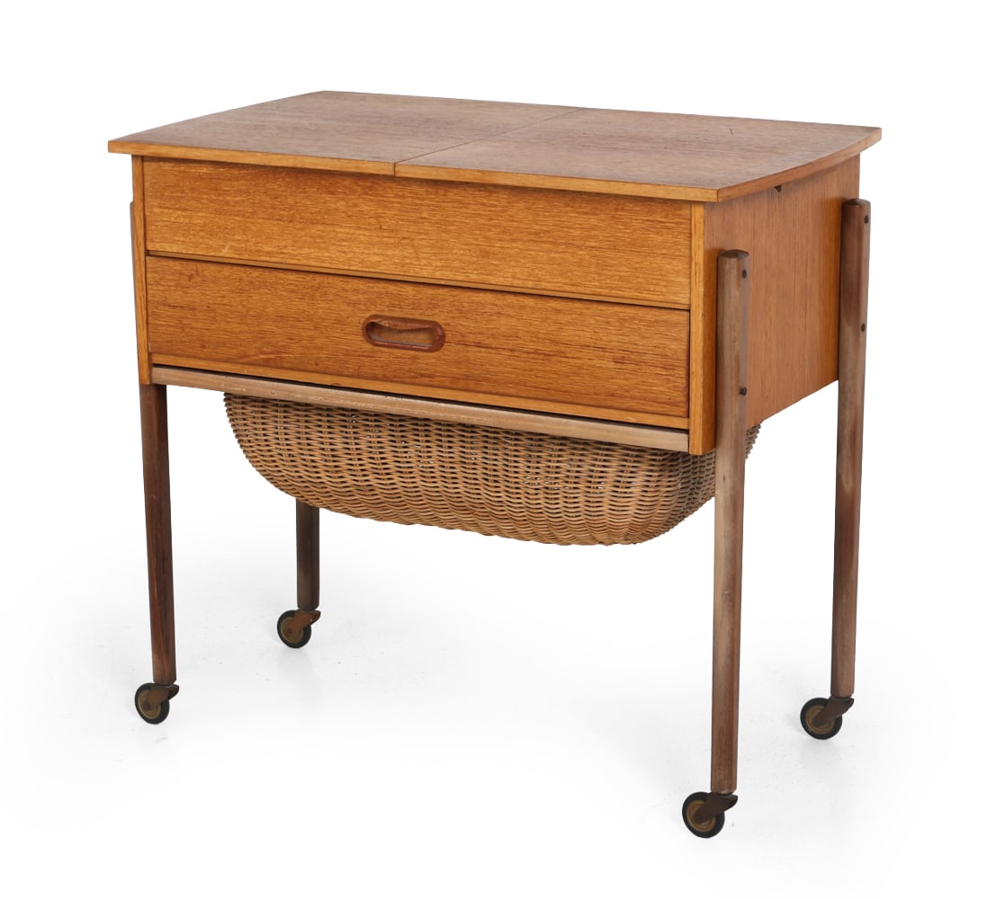 GERMAN TEAK SEWING CHEST C. 1960S: Dimensions: H 22.25" x W 24" x D 14.5". Condition: Scuffs and scratches, wear consistent with age and use. PT192