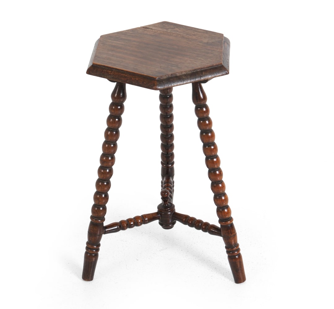 DUTCH ART DECO HEXAGONAL OAK SIDE TABLE 1920S: Dimensions: H 19.75" x W 13" x D 10.5". Condition: Split and previous repair to top. Wear consistent with age and use. PT049