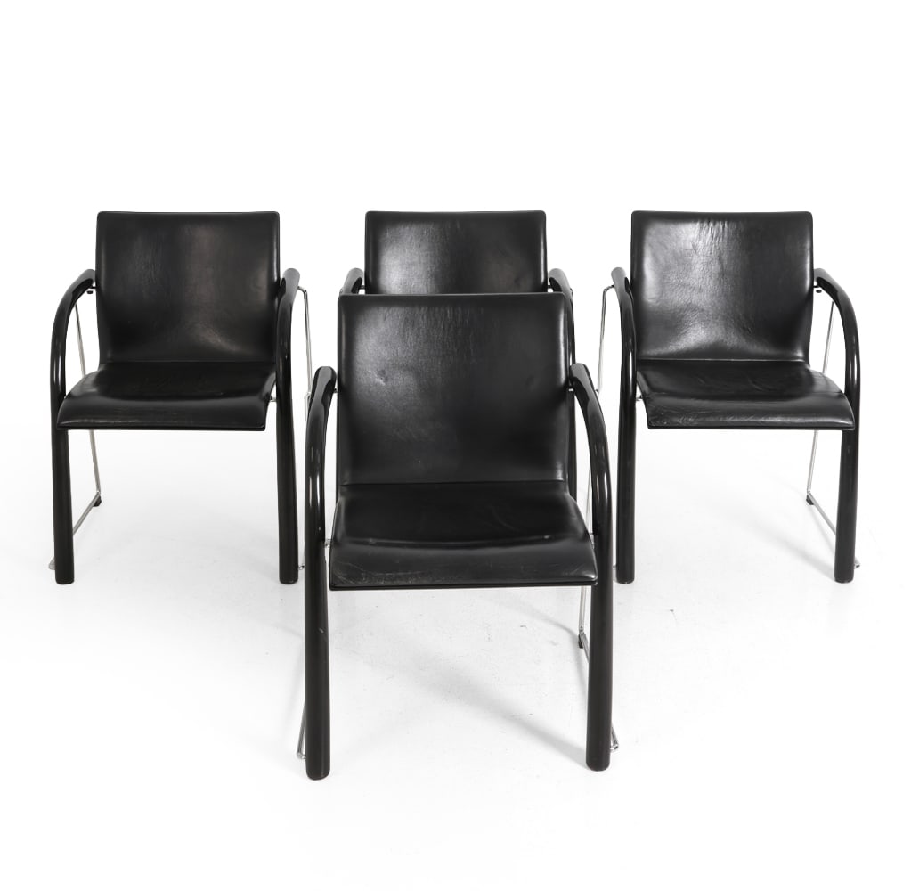 SCHNEIDER & BOHME FOR THONET LEATHER DINING CHAIRS: Model S320. Designed by Wulf Schneider and Ulrich Bohme. 20th century. Dimensions: H 31" x W 21.5" x D 22" x SH 18.25". Condition: Scratches and drying to leather. Scuffs to arms. Wear consistent with