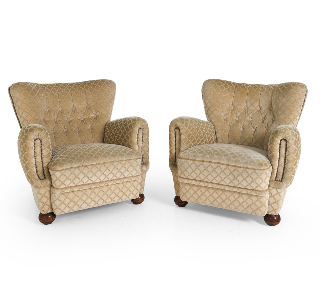 PAIR DECO STYLE DANISH MOHAIR LOUNGE CHAIRS 1950S: Circa 1950s. Dimensions: H 31.5" x W 27.5" x D 21" SH 16" Condition: Wear consistent with age and use. Slight scratching on legs. PT030