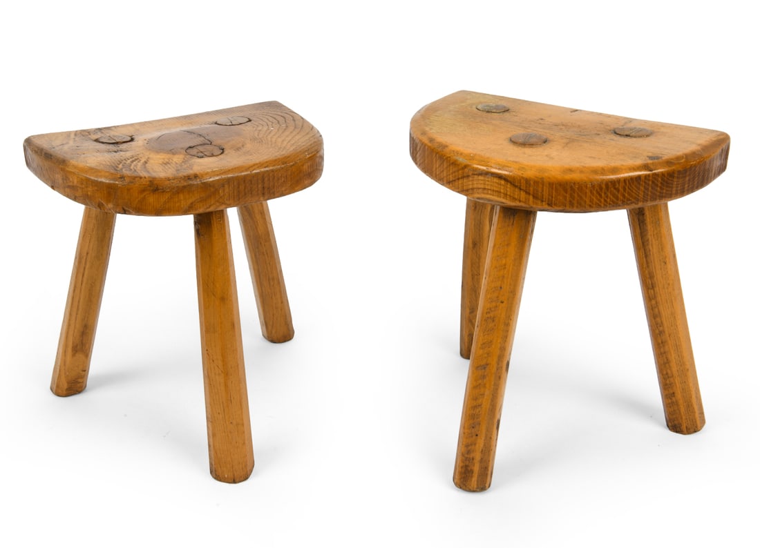 PAIR OF DUTCH OAK STOOLS C. 1940S: Dimensions: H 12.5" x W 11.25" x D 7.5". Condition: Scuffs, rubs, and scratches. Wear consistent with age and use. PT203