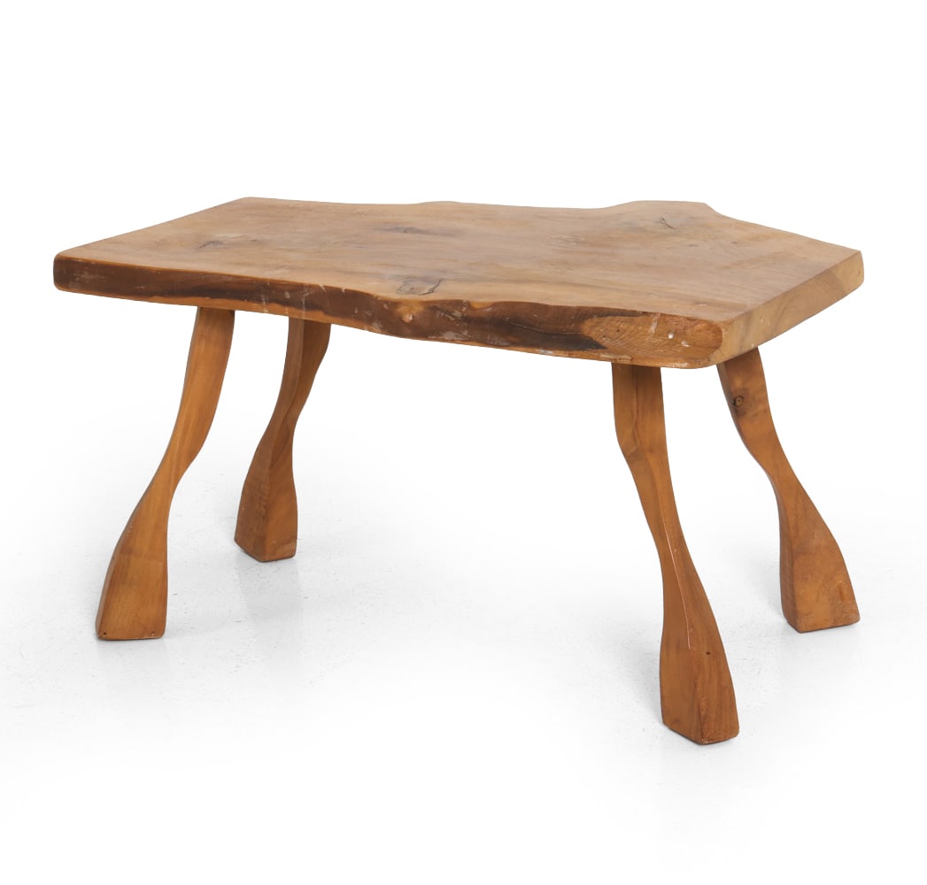 WABI SABI STYLE BRUTALIST WOODEN SIDE TABLE 1960S: Dimensions: H 15.5" x W 27" x D 19.25". Condition: Scuffs, rubs, and water spots. Wear consistent with age and use. PT181