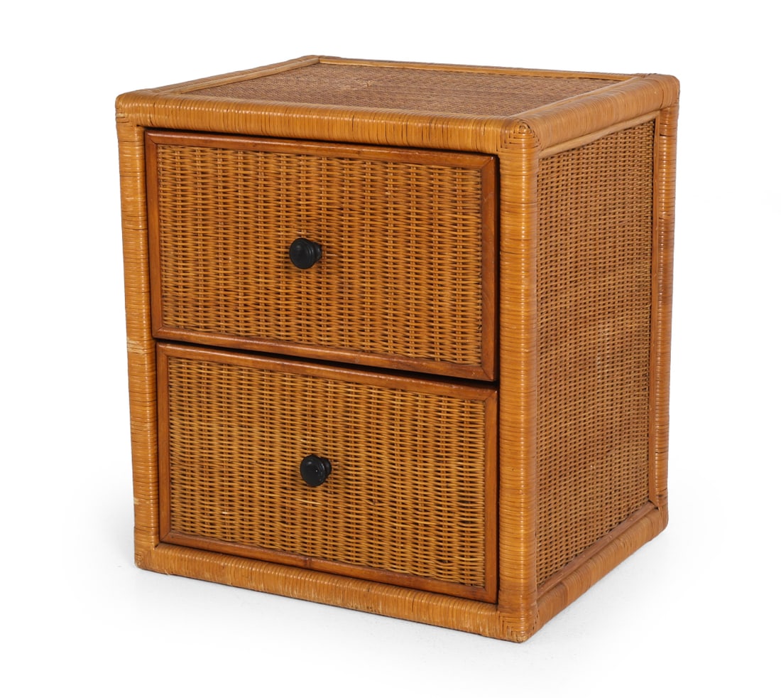 SCANDINAVIAN RATTAN CHEST OF DRAWERS: Wicker and rattan frame. 20th century. Dimensions: H 24.5" x W 22" x D 18". Condition: Scuffs and rubs with losses on top. Wear consistent with age and use. PT162