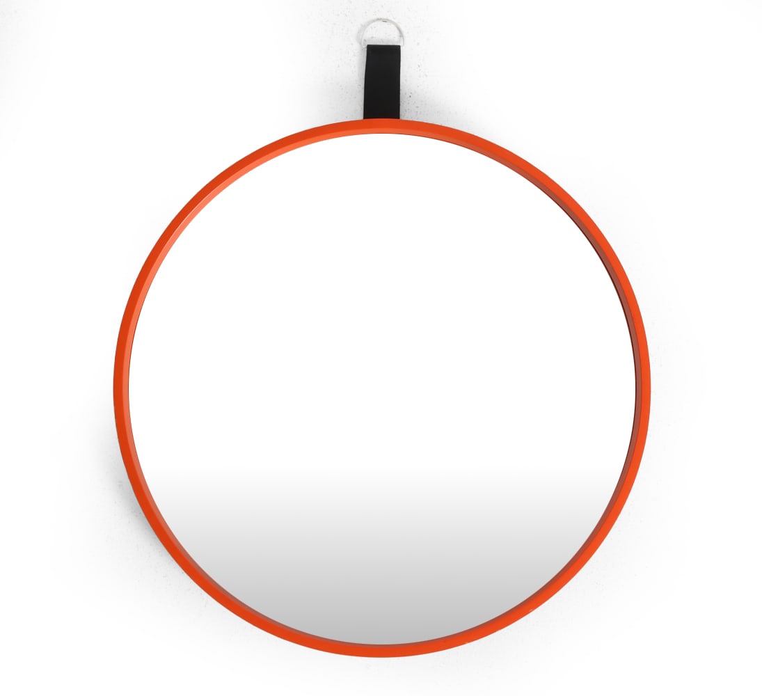 JURGEN LANGE SCHONBUCH GERMAN WALL MIRROR: Tagged on back. German, circa 1970s. Dimensions: Dia. 23.25" x D 2". Condition: Leather trim detached. Wear consistent with age and use. PT161