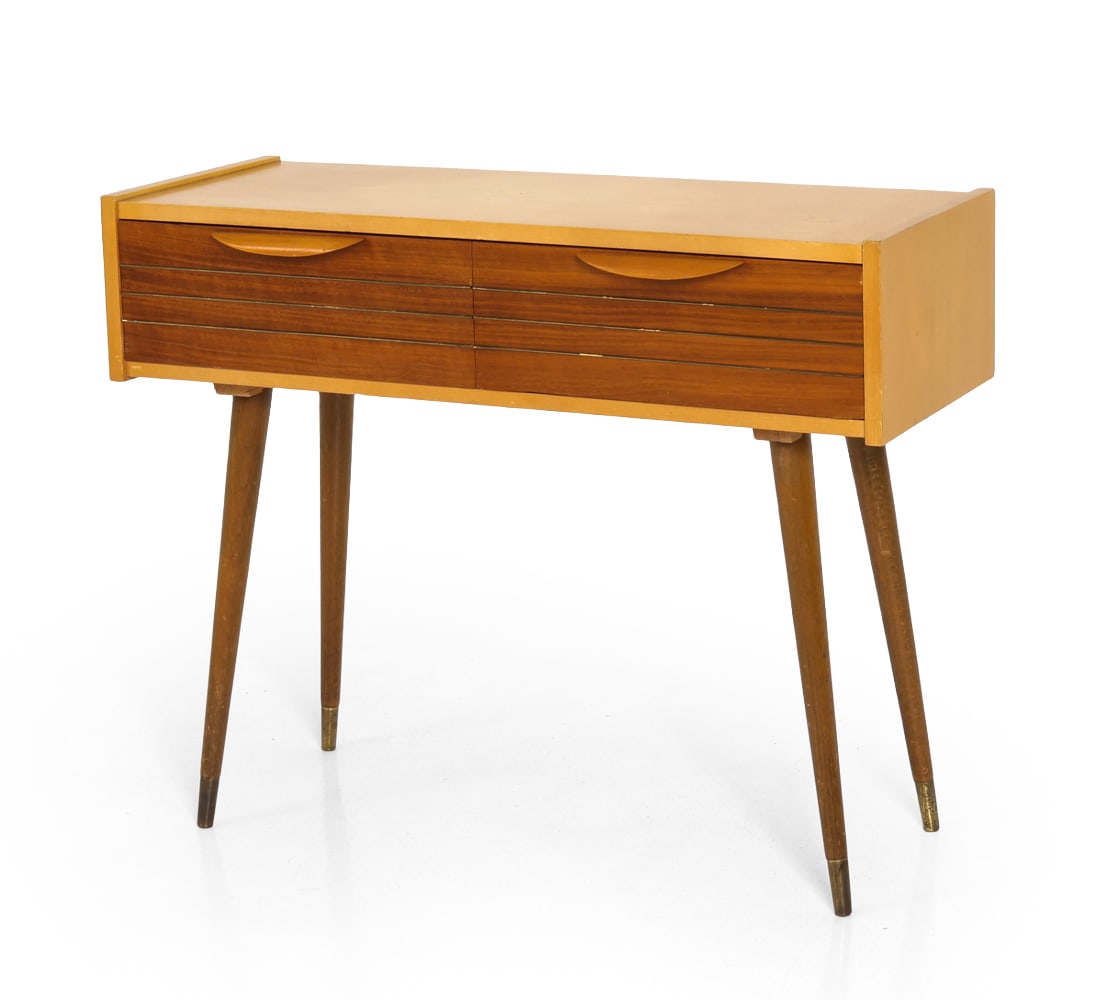 VERRALUX GERMAN TEAK LOW CHEST C. 1960S: Marked inside the left drawer. Germany, circa 1960's. Dimensions: H 23.5" x W 29.5" x D 11.5" Condition: Wear consistent with age and use. Discoloration spots, some fading to top. Nicks, rubs to legs.