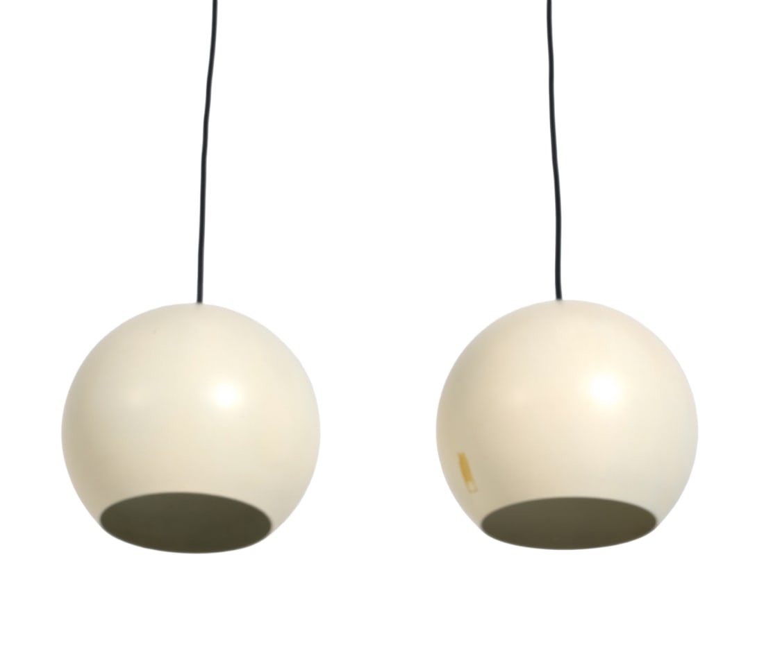 PAIR OF DUTCH SPACE AGE GLOBE PENDANT LIGHTS 1950S: Dimensions: Dia. 7.5". Condition: Wiring untested, wear consistent with age and use. One with a mark to outside of shade PT167