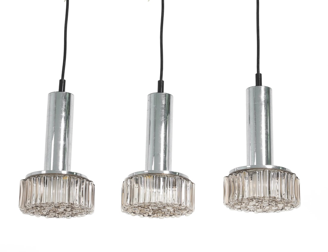STAFF LEUCHTEN GERMAN P105 PENDANT LIGHT GROUP: Tagged near sockets under shades. Germany, circa 1960s. Dimensions: H 10.75" x Dia. 6.75". Condition: Wiring untested. Light scuffs to metal. Wear consistent with age and use. PT206