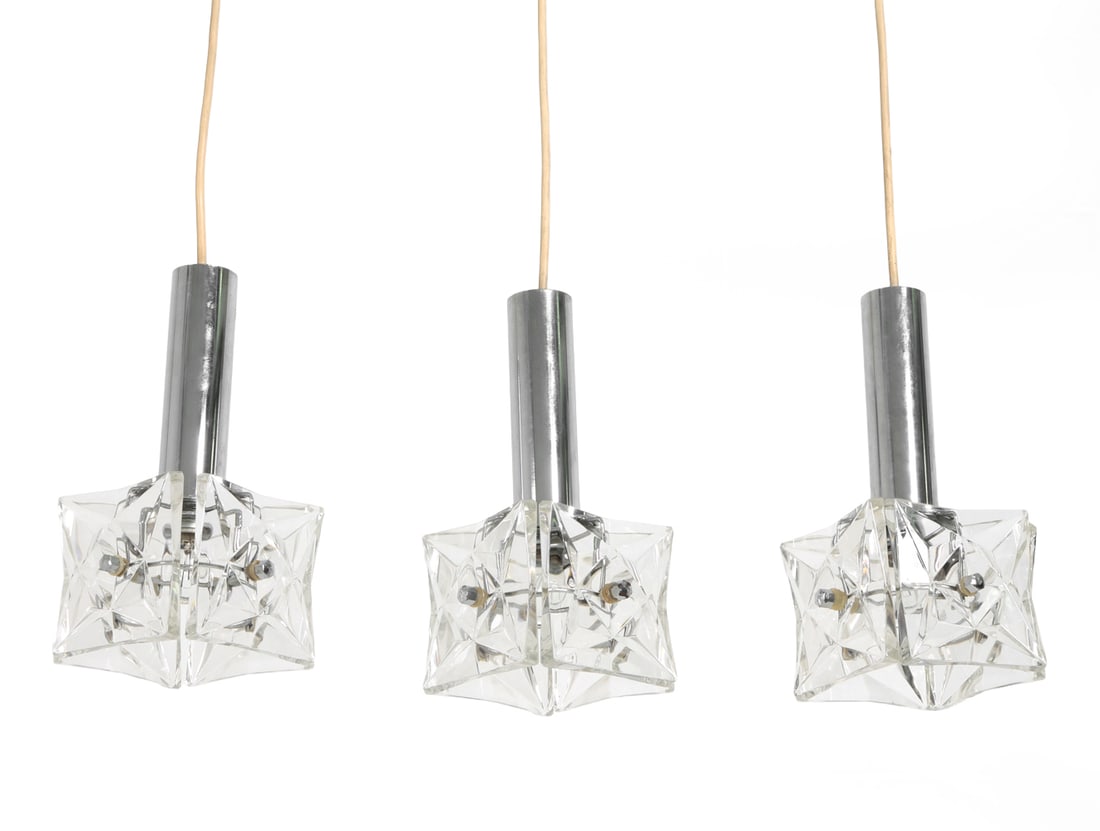 KINKELDEY GERMAN CHROME & GLASS PENDANT LIGHTS: Apparently unmarked. Circa 1960s. Dimensions: H 10.5" x W 5" x D 5". Condition: Wiring untested. Light scuffs, and small oxidized spots to metal. Wear consistent with age and use. PT205