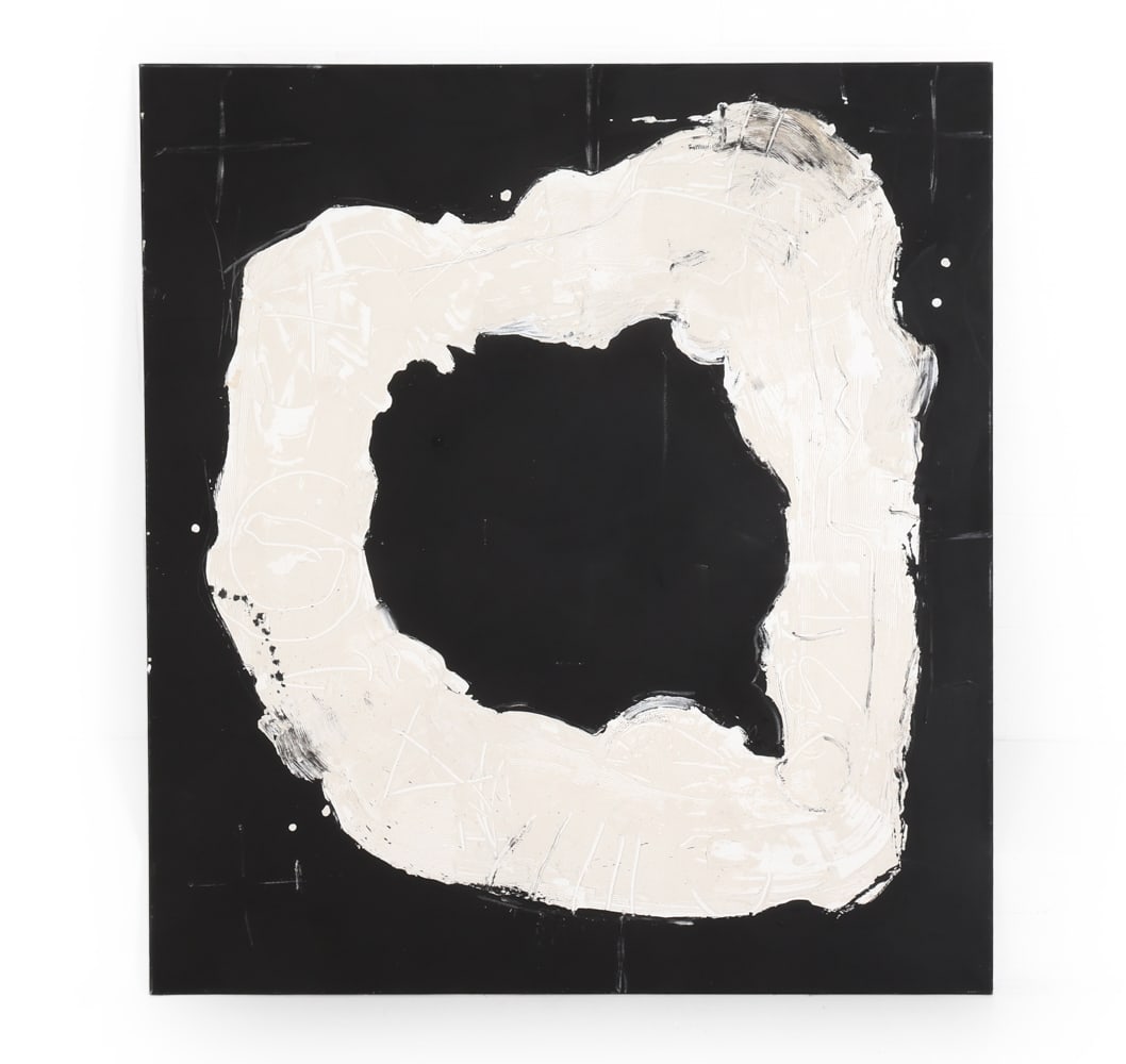 GERMAN BLACK & WHITE ABSTRACT PAINTING C. 1980S: Dated and indistinctly signed on verso. Dimensions: H 63" x W 57" Condition: Rubs and scuffs to edges. PT179