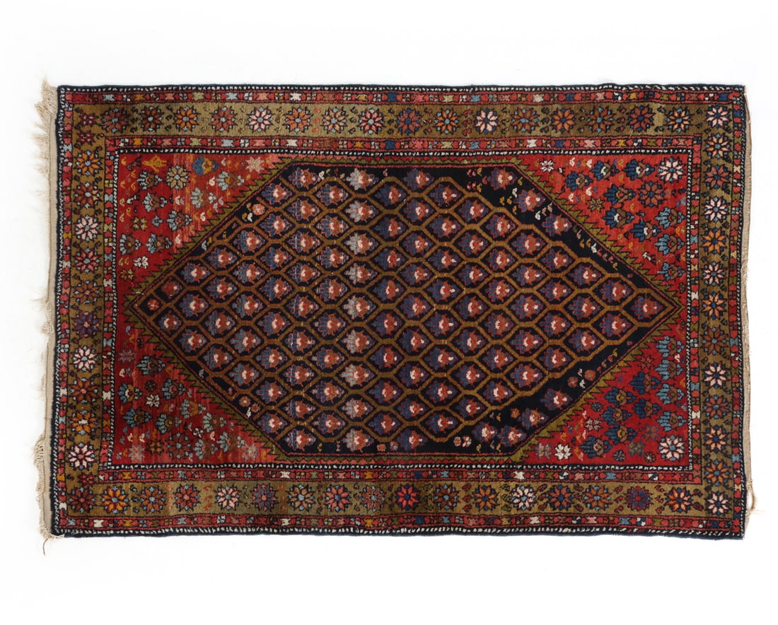 VINTAGE PERSIAN HAMADAN WOOL RUG: Dimensions: L 81" x W 54". Condition: Fading and losses to fringe. Wear consistent with age and use. PT113