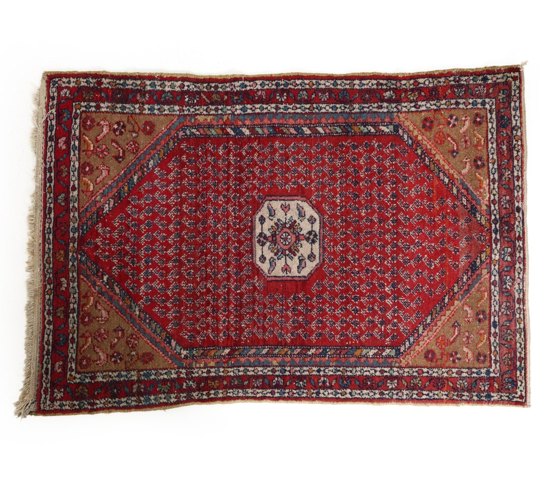 VINTAGE PERSIAN WOOL RUG: Dimensions: L 59" x W 41". Condition: Fading and losses to fringe. Wear consistent with age and use. PT115