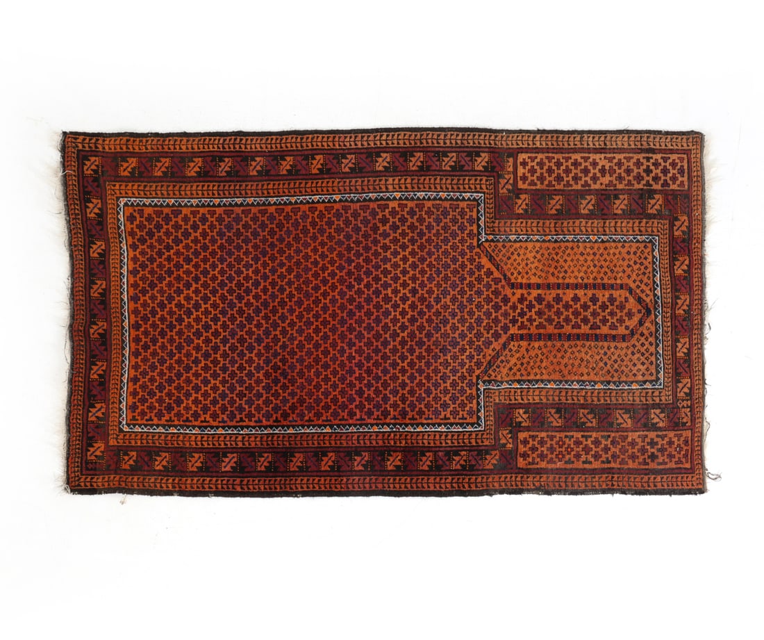 VINTAGE PERSIAN BALUCHI RUG: Dimensions: L 81" x W 47". Condition: Fading and losses to fringe. Wear consistent with age and use. PT116