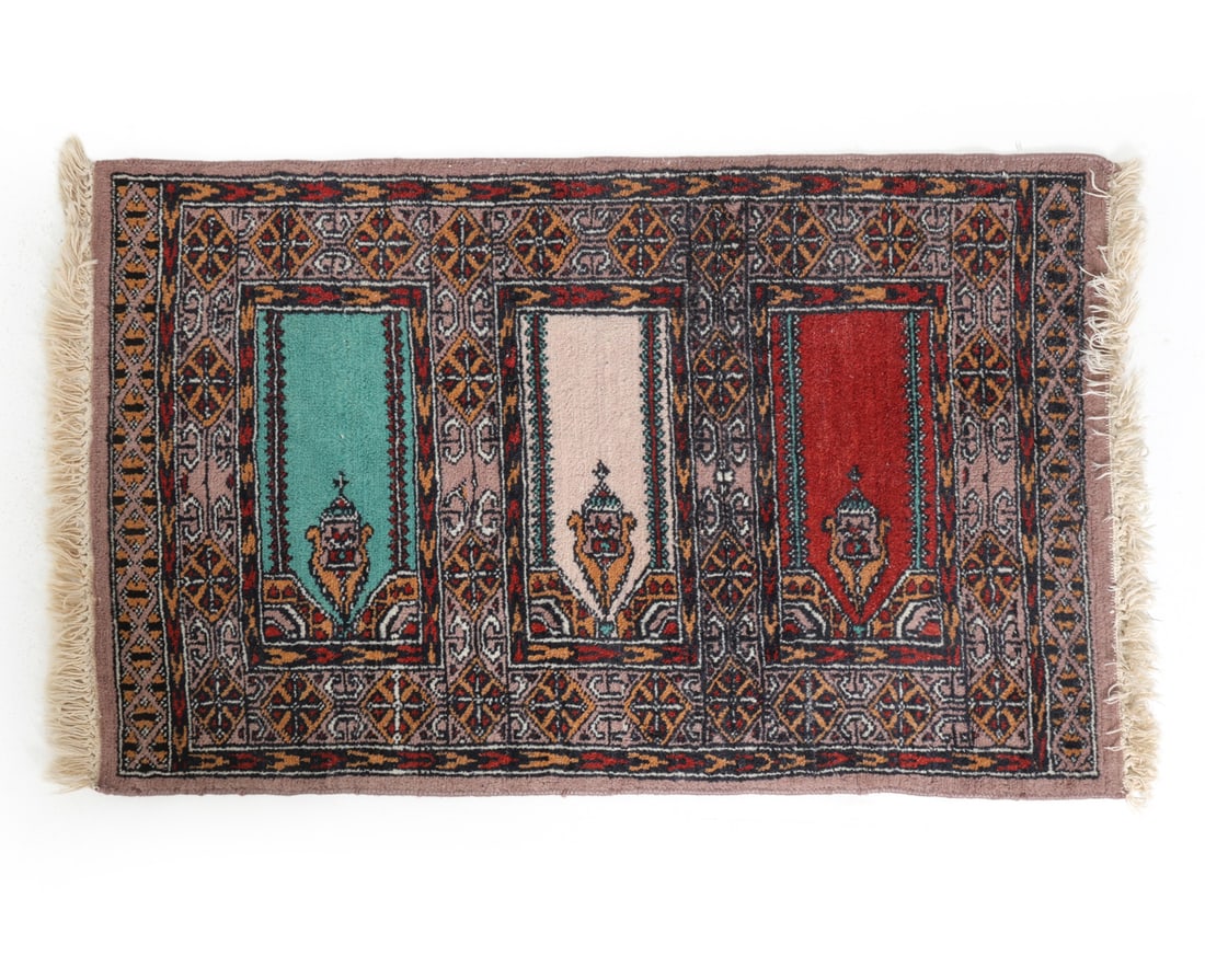 VINTAGE PERSIAN WOOL PRAYER RUG: Dimensions: L 42" x W 42.5". Condition: Fading and losses to fringe. Wear consistent with age and use. PT118