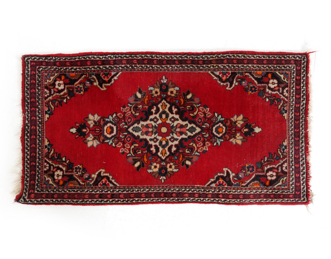 VINTAGE PERSIAN WOOL RUG: Dimensions: L 51" x W 26.5". Condition: Fading and losses to fringe, wear consistent with age and use. PT127