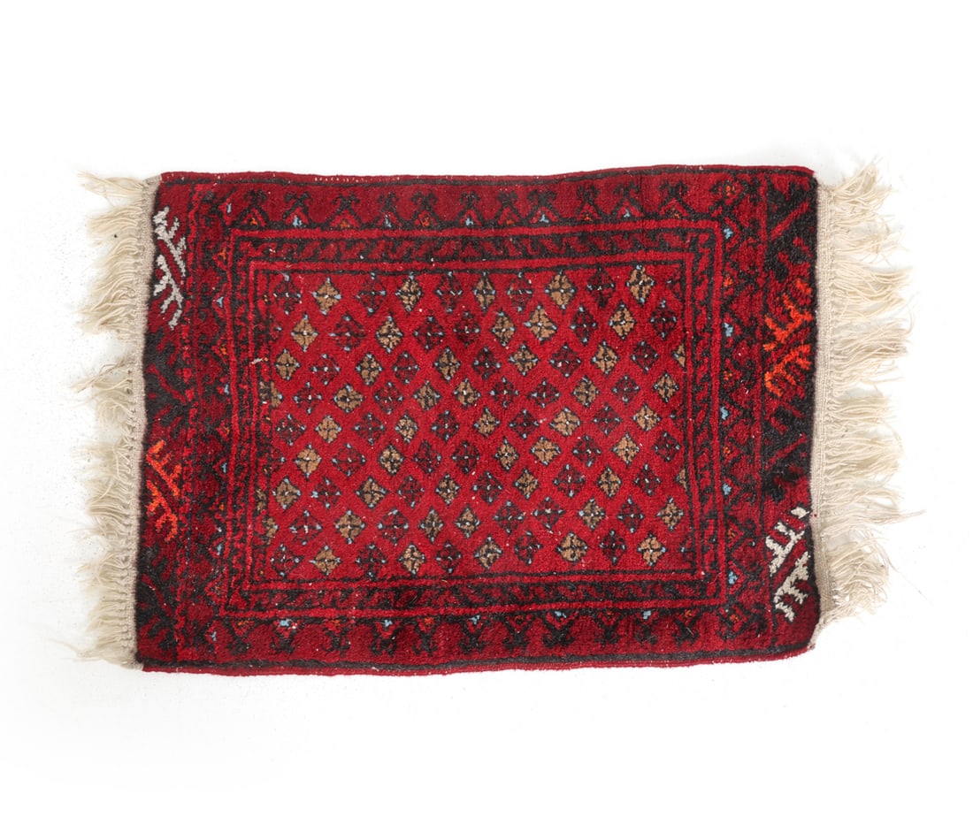 VINTAGE PERSIAN WOOL PRAYER RUG: Dimensions: L 32" x W 21.5". Condition: Fading and losses to fringe. Wear consistent with age and use. PT128