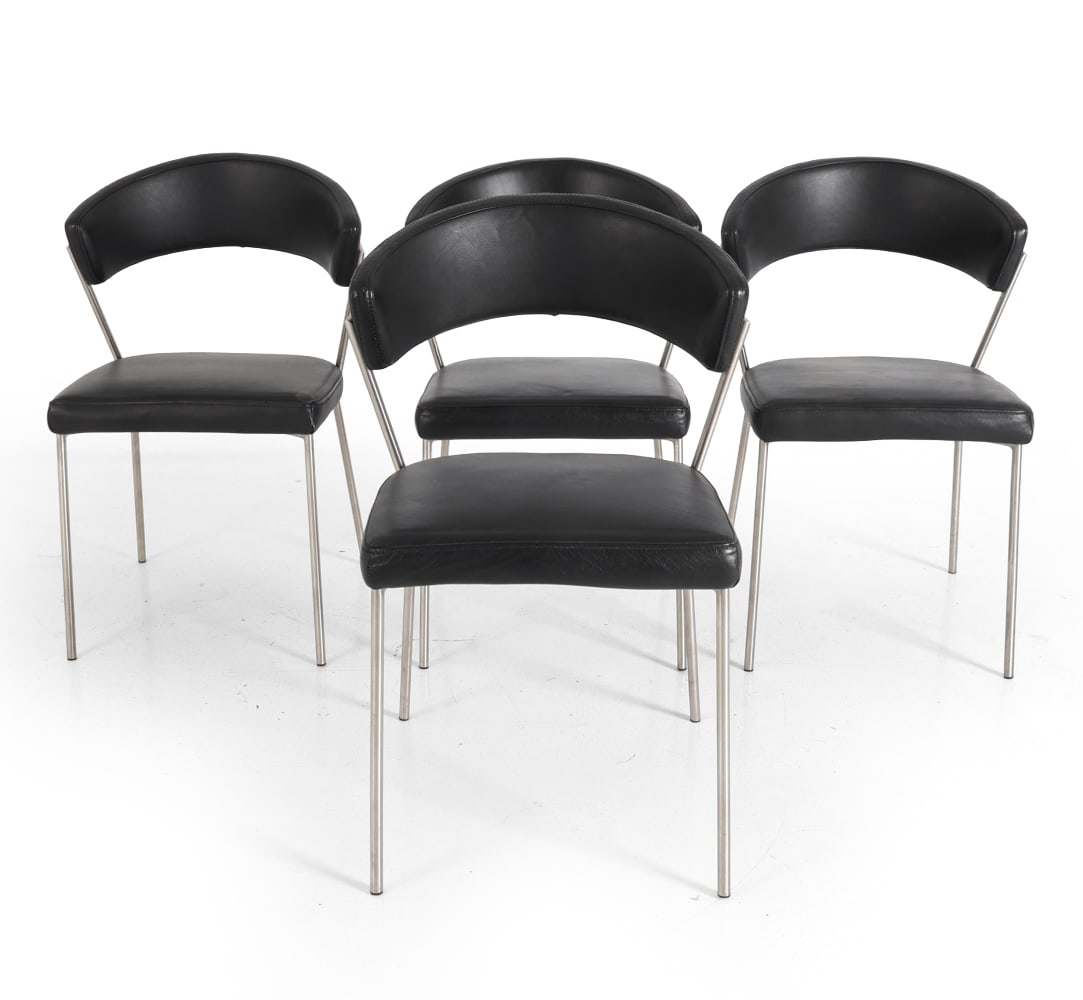 (4) CALLIGARIS STYLE ITALIAN DINING CHAIRS: Set of dining chairs in black vinyl upholstery and brushed metal legs. Apparently untagged. Italy, 20th century. Dimensions: H 29.75" x W 20" x D 22.75" x SH 18.25". Condition: Previous repair to