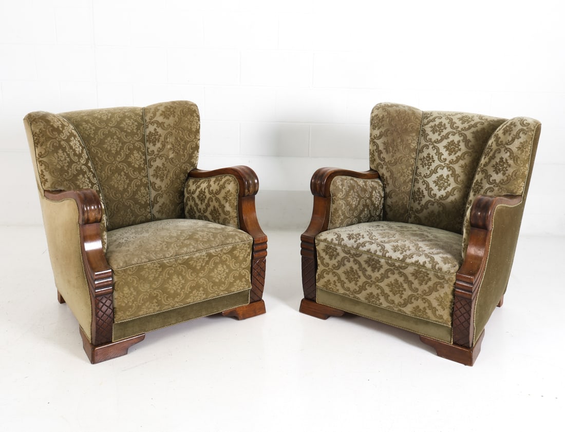 PAIR DANISH DECO STYLE VELOUR LOUNGE CHAIRS 1940S - 2
