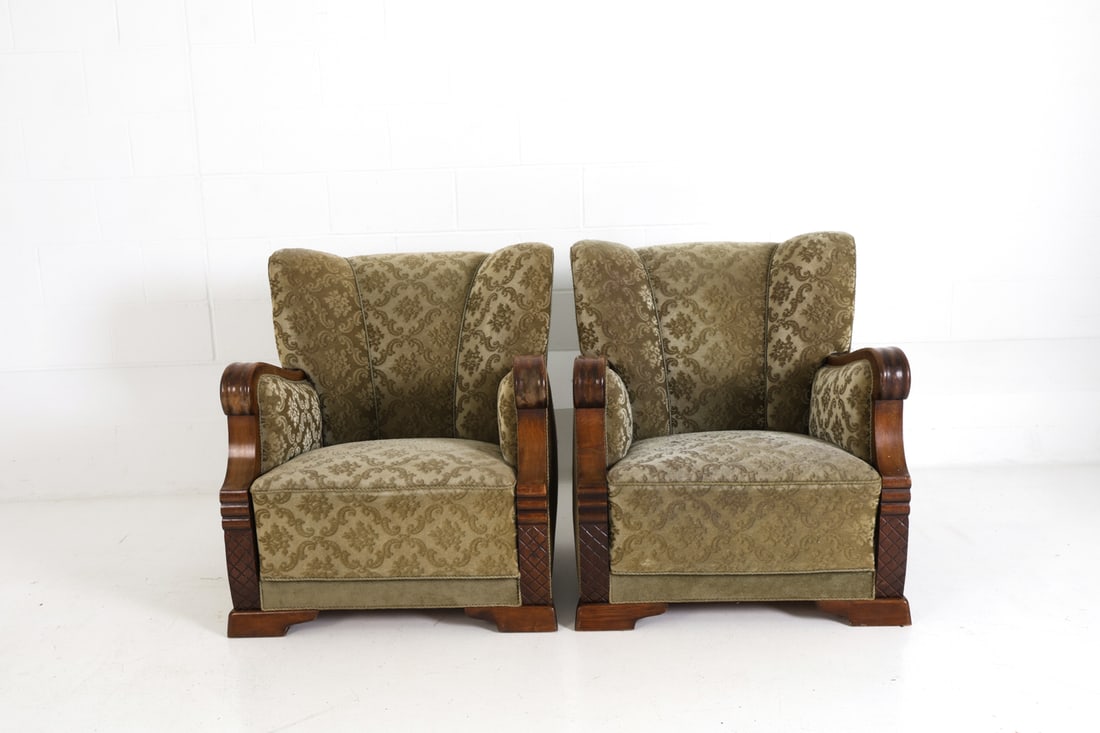 PAIR DANISH DECO STYLE VELOUR LOUNGE CHAIRS 1940S - 3