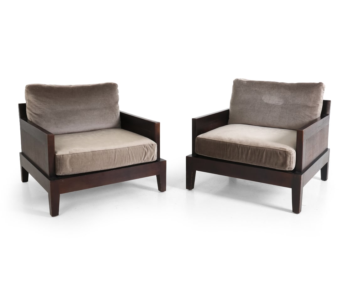 CHRISTIAN LIAIGRE "OPIUM" VELVET LOUNGE CHAIRS: With additional Holland and Sherry velvet covering to cushions. Tagged under cushions. Dimensions: H 32" x W 25.5" x D 32" x SH 14.5". Condition: Light scuffs. Sticker remnants to one. Wear consistent