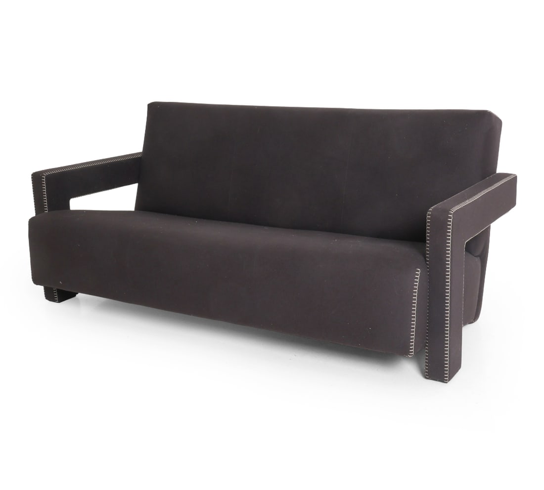 GERRIT THOMAS RIETVELD CASSINA SOFA: Designed by Gerrit Thomas Rietveld for Cassina. Tagged underneath. Dimensions: H 36" x W 62" x D 30" x SH 14.5". Condition: Wear consistent with age and use.