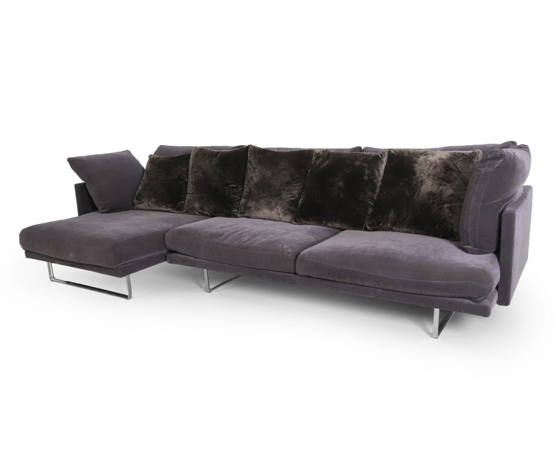 PIERO LISSONI FOR CASSINA SECTIONAL SOFA: Holland and Sherry silk velvet pillows included. Branded to lining under cushions. Dimensions: As Shown H 26.5" x W 122" x D 57" x SH 16". Condition: Wear consistent with age and use, including minor