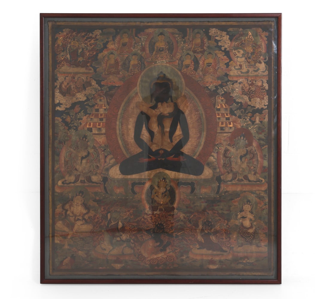 ANTIQUE TIBETAN THANGKA: Dimensions: Frame H 52.5" x W 46.5". Condition: Not examined out of frame. Previous repair. Wear consistent with age and display.