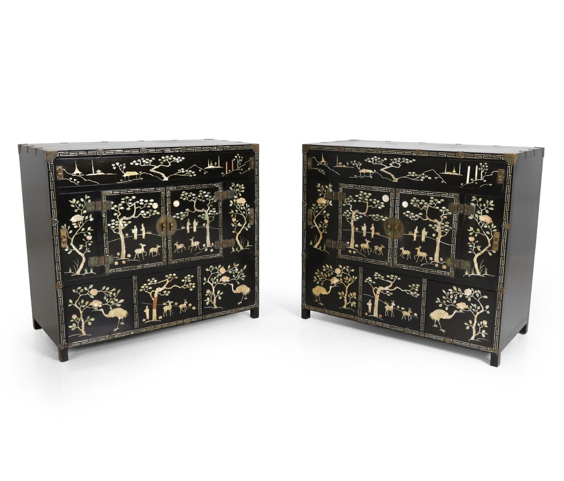PAIR ANTIQUE CHINESE BLACK LACQUER CHESTS: Black lacquer wood with bone and pearl inlay. Brass details. Dimensions: H 34" x W 40" x D 20" Condition: Scuffs and loss of finish. Wear consistent with age and use.