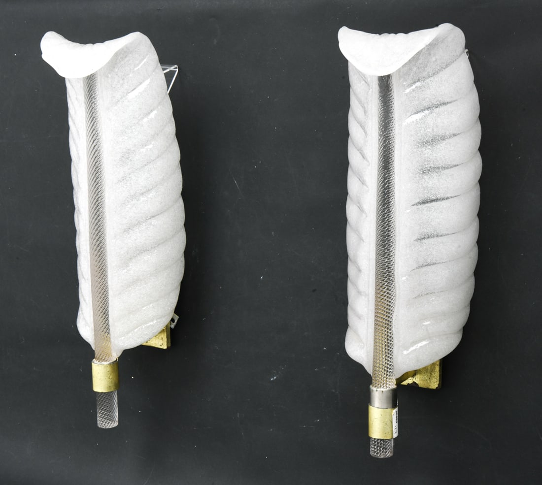 PAIR ANDRE ARBUS STYLE MURANO GLASS WALL SCONCES: Textured glass shade with gold tone painted metal mounting hardware. Dimension: H 18.5" x W 5.75" x D 5". Condition: Not tested, Surface wear consistent with age and use. Areas of paint chipping and