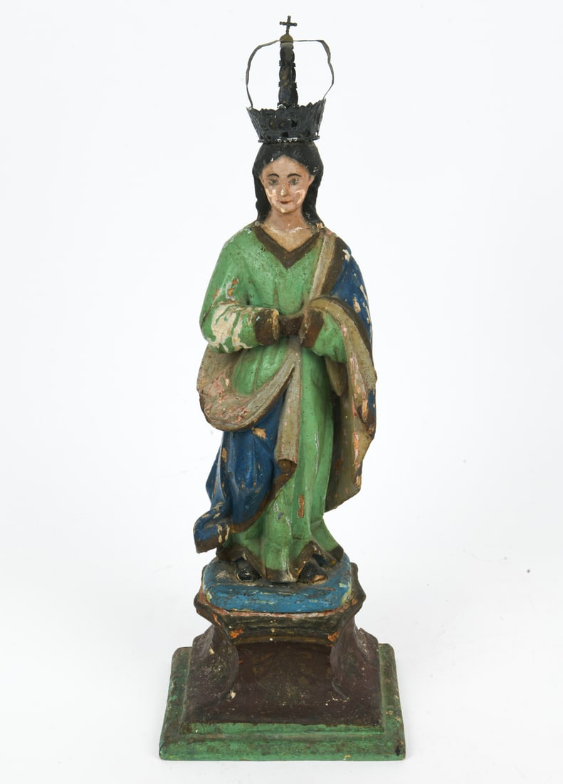 ANTIQUE PAINTED AND CARVED SANTOS STATUE: Spanish colonial era. circa 19th century. Dimensions: H 18.5" x W 7.25" x D 5.25" Condition: Hands missing. Missing piece at base. Cracks and chips consistent with age and use.